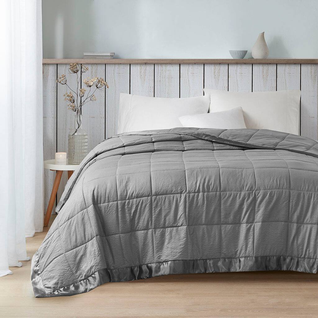 Alt View 2. Gracie Mills - Gracie Mills Lucile Textured Oversized Down Alternative Blanket with Satin Trim - Charcoal.