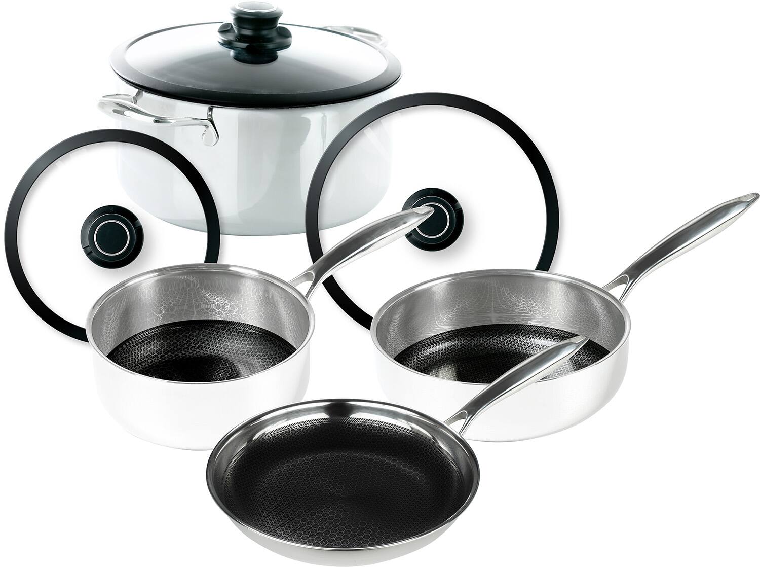 Front. Frieling - Black Cube Hybrid Quick Release 7 Piece Cookware Set - Silver.