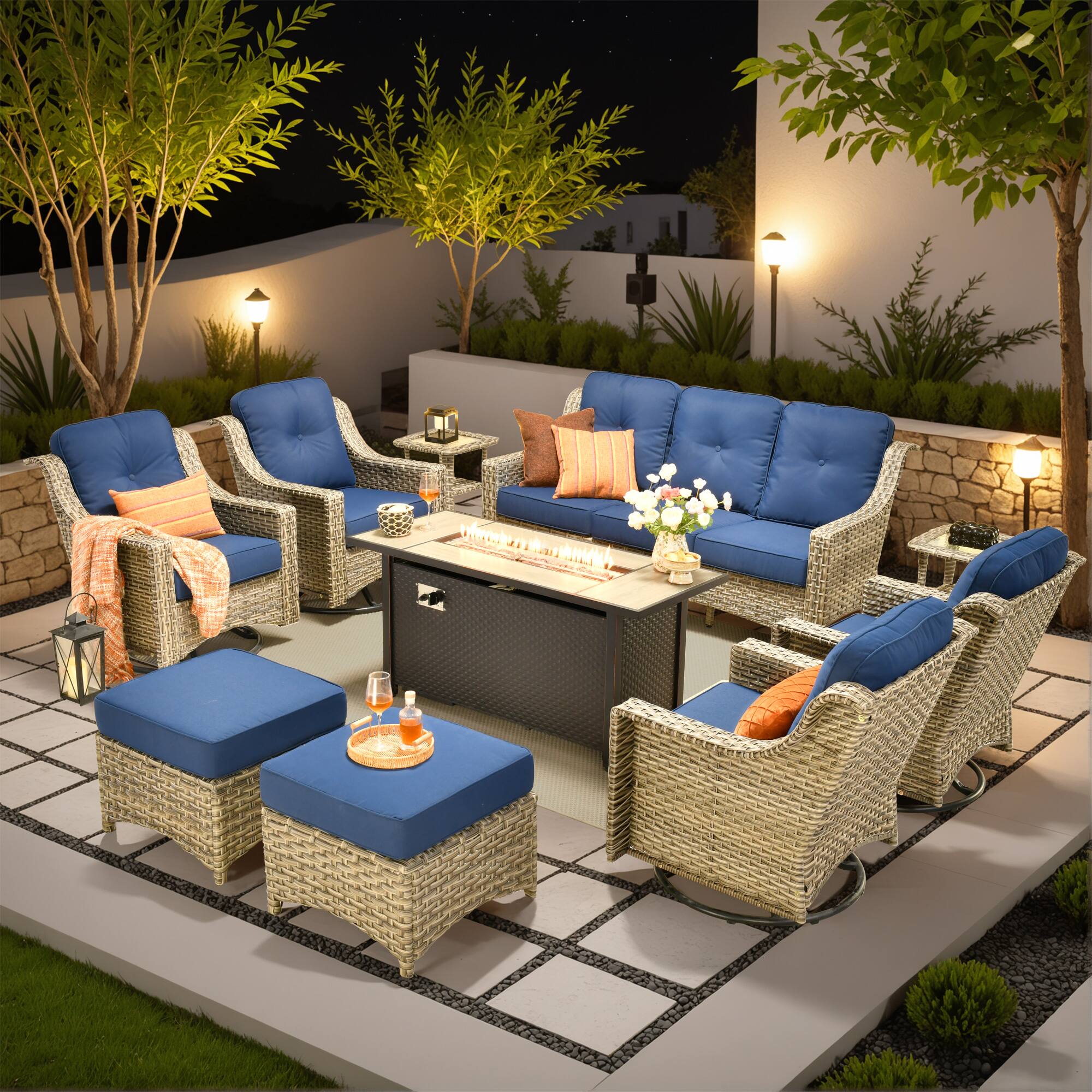 Ovios - 10 PCS Patio Furniture Set, High Back Sofa with Swivel Chair, Coffee Table & 54" Fire Pit Table - Navy Blue