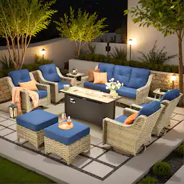 Ovios - 10 PCS Patio Furniture Set, High Back Sofa with Swivel Chair, Coffee Table & 54" Fire Pit Table - Navy Blue