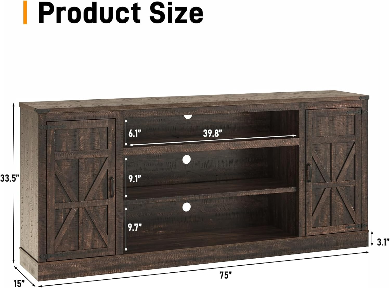 Product Size

6.1" 39.8" 33.5" 9.1" 9.7" 3.1" 15" 75"