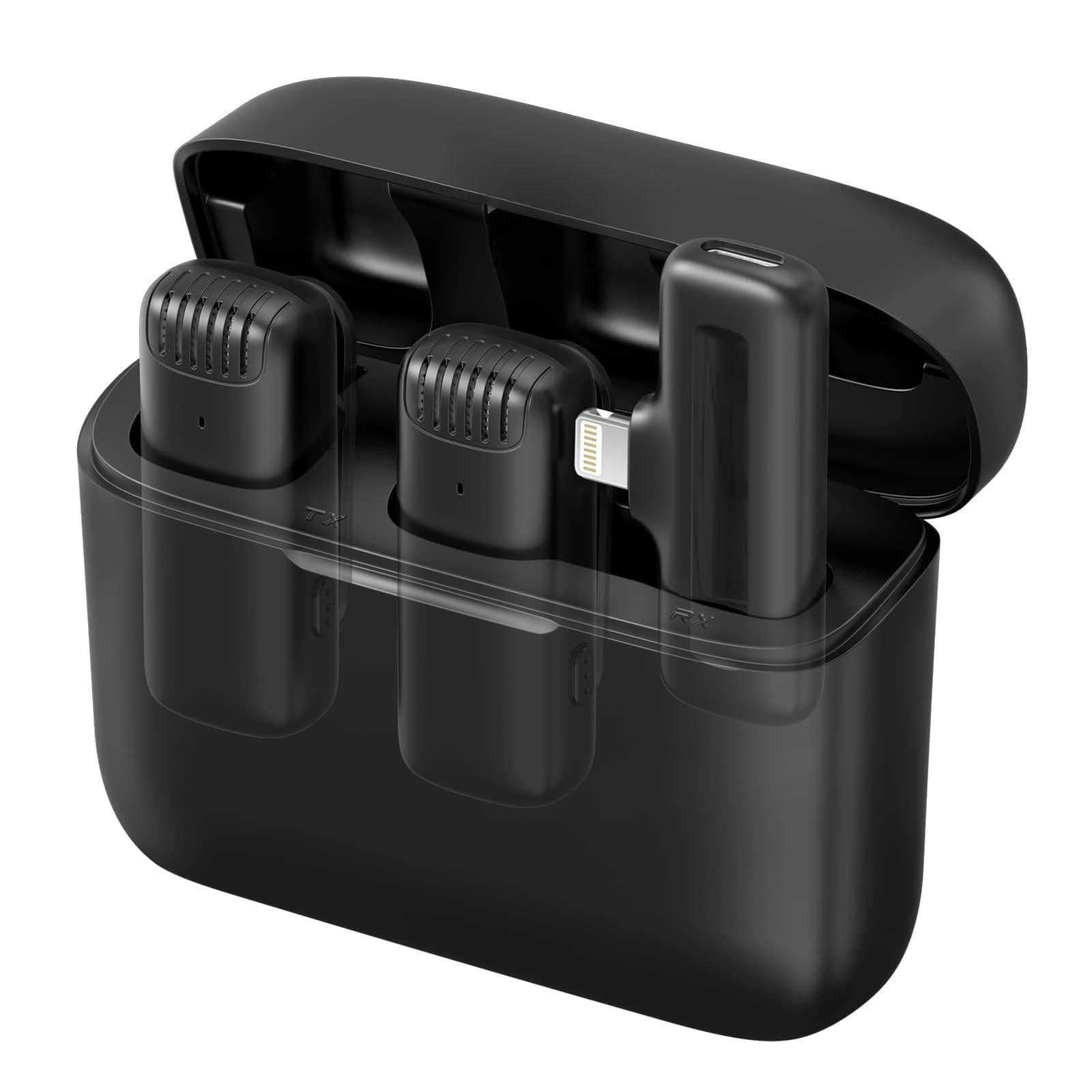 TECH SAFARI - J12 Wireless Lavalier Microphone For Ipad 2 in 1 Plug play Mic With Charging Case Phone Video Recording Tra - J12 Lightning Black