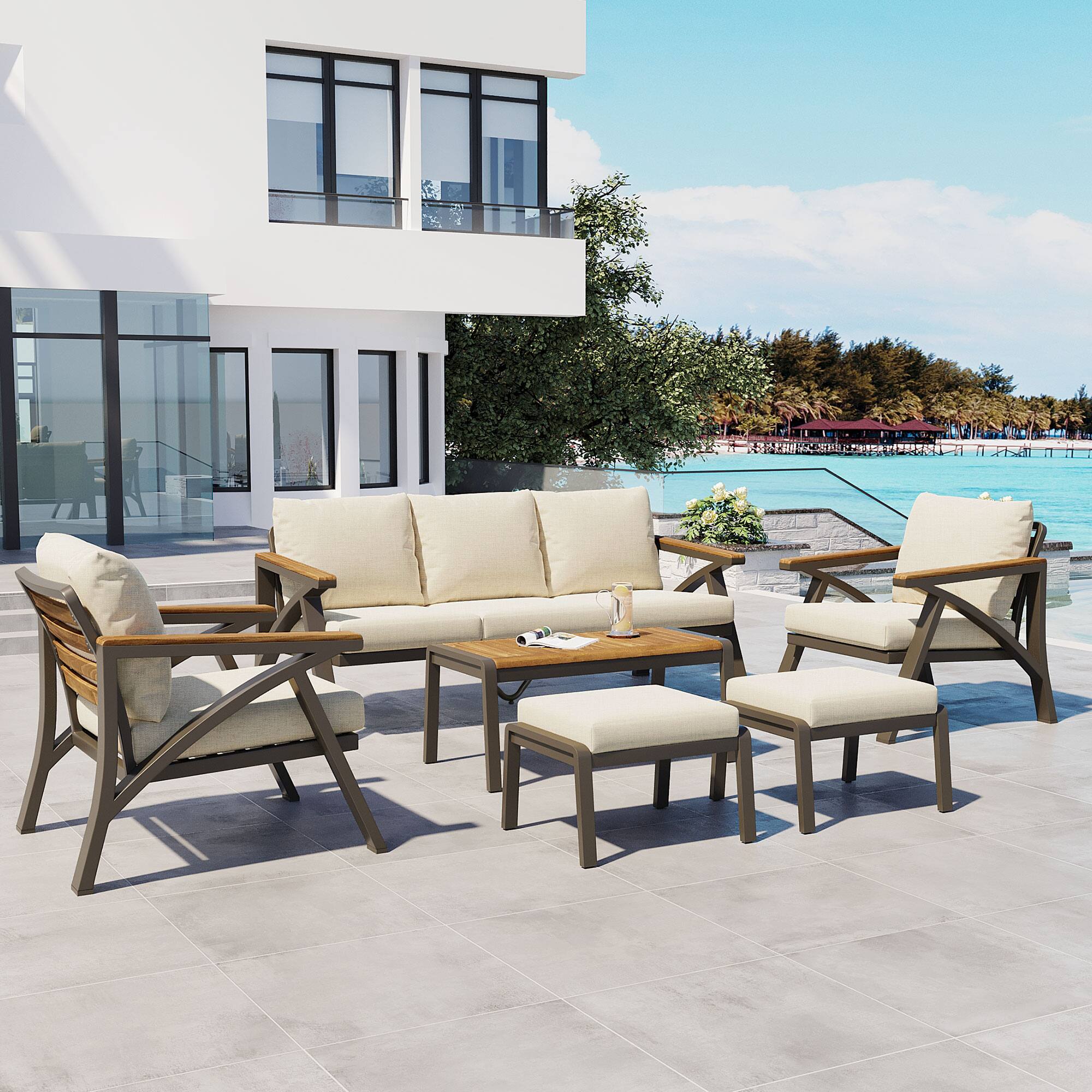 Angle. Whisen - 6-Piece Outdoor Patio Furniture Set with Acacia Wood Table, Steel Sofa, Armchairs & Ottomans for Garden - Brown|Beige.