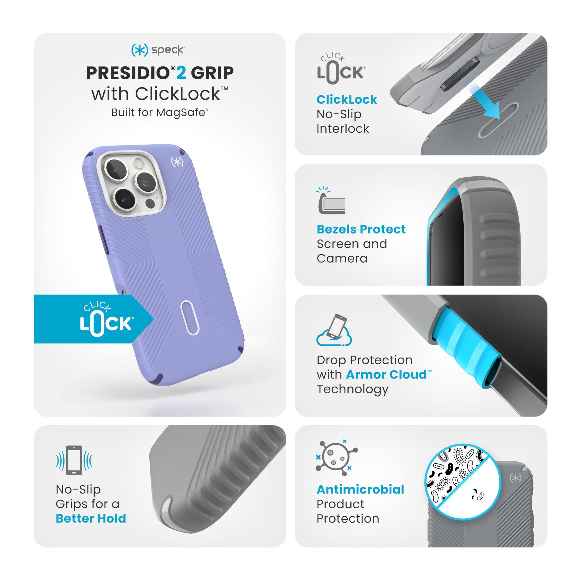 The text on the image can be grouped and corrected as follows:
1. Presidio2 Grip with ClickLock: Built for MagSafe
2. ClickLock: No-Slip Interlock
3. Bezels: Protect Screen and Camera
4. Drop Protection with Armor Cloud Technology
5. No-Slip Grips for a Better Hold
6. Antimicrobial Product Protection