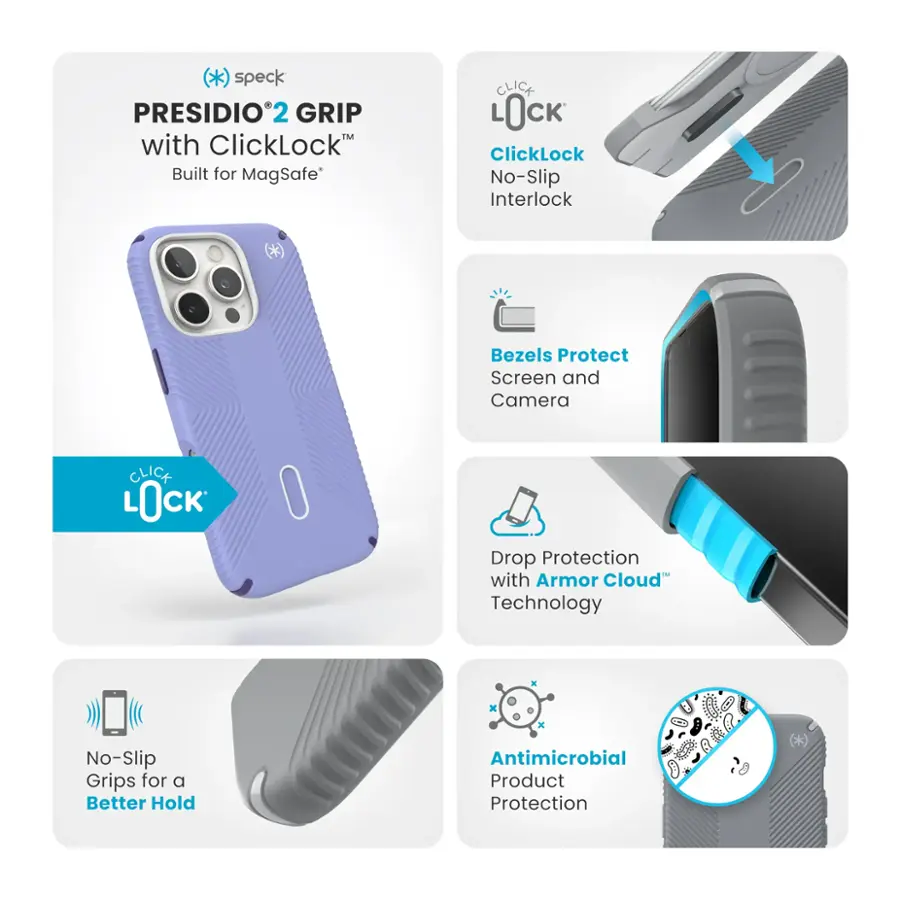 The text on the image can be grouped and corrected as follows:

1. Presidio2 Grip with ClickLock: Built for MagSafe
2. ClickLock: No-Slip Interlock
3. Bezels: Protect Screen and Camera
4. Drop Protection with Armor Cloud Technology
5. No-Slip Grips for a Better Hold
6. Antimicrobial Product Protection