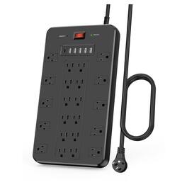 Dazzed Corner - Surge Protector Power Strip, 22 Outlets, 6 USB (1 USB-C), 6.5ft Cord - Black