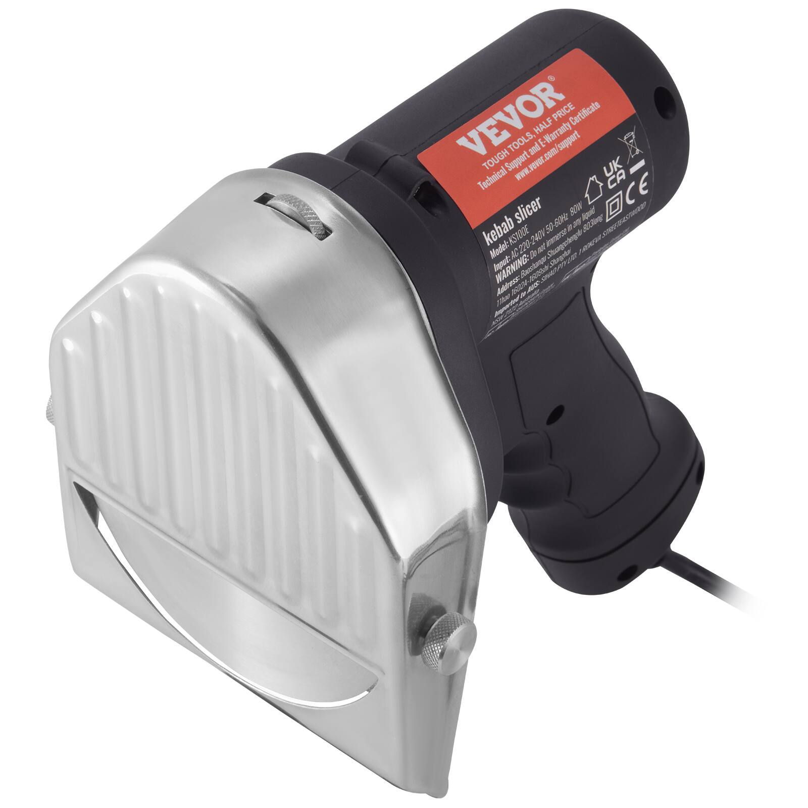 VEVOR  
TOUGH TOOLS - HALF PRICE Certificate  
Technical Support & E-commerce Support  
www.vevor.com  

Kebab Slicer  
Model: KST003  
Input: 220-240V 50/60Hz  
Output: 50-60rpm  

WARNING:  
CE  
CA  
UK  

Model: KST003  
Input: 220-240V 50/60Hz  
Output: 50-60rpm  

WARNING:  
CE  
CA  
UK