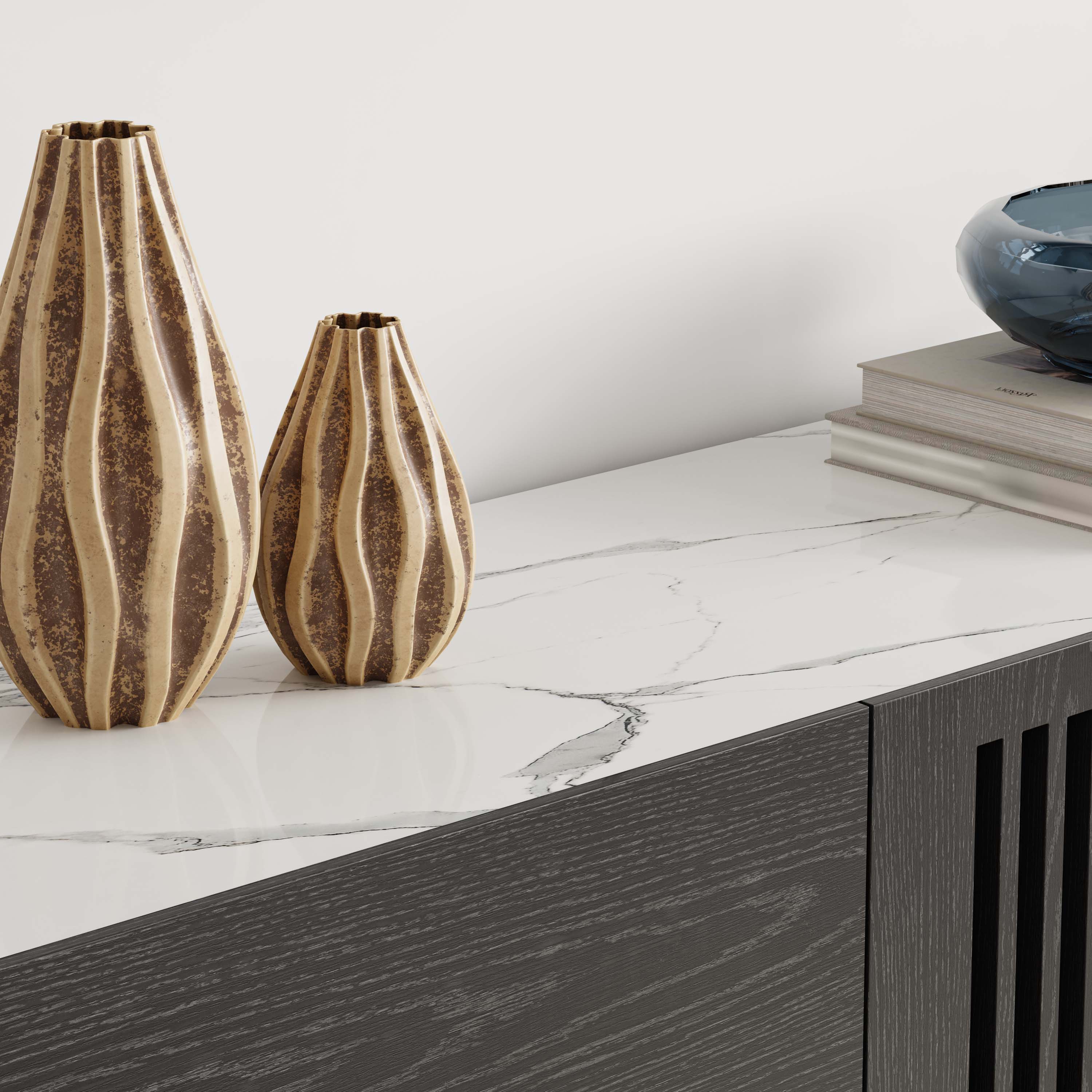 Back. POVISON - 63" Mid-Century Modern TV Stand with Sintered Stone, Black Veneer Wood with Slatted Cabinet, Tall-Cast Metal Legs - Black.