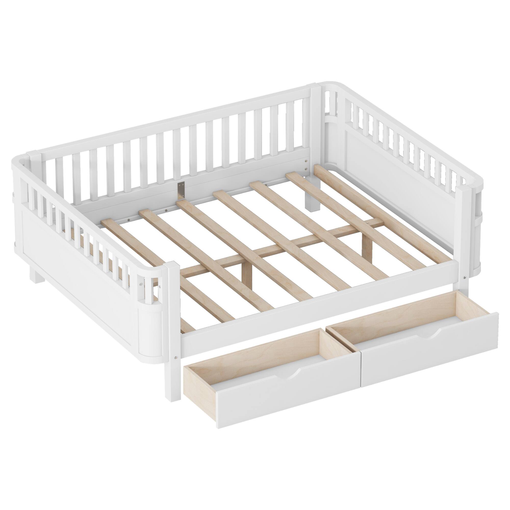 Alt View 2. GOODSILO - Full Size Wood Platform Bed with Safety Rails for Children's Rooms, Sturdy Low Profile Design for Kids and Teens - White.