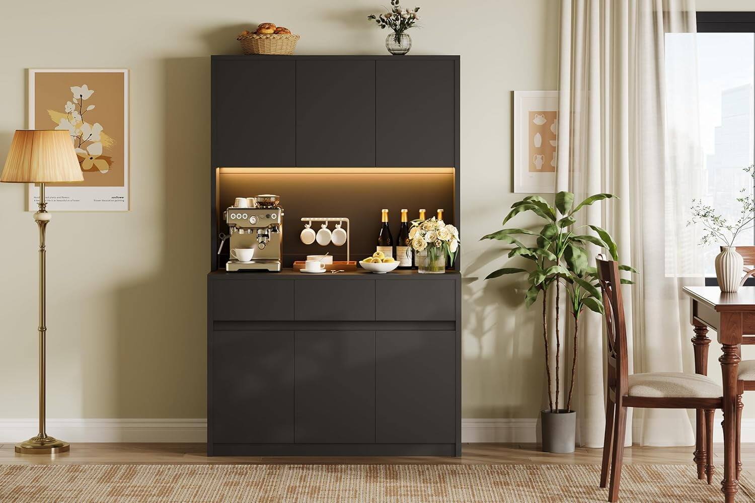 Alt View 3. GARVEE - 70-Inch Black Pantry Cabinet with Charging Station, Microwave Stand for Dining Room, Stylish Organizer - Black.