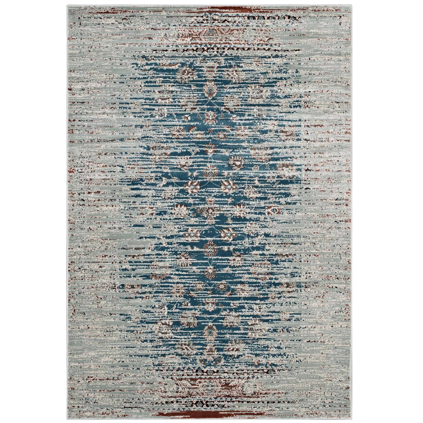 Angle. Modway - Hesper Distressed Contemporary Floral Lattice Area Rug - Teal Beige and Brown.