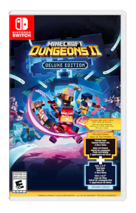 NINTENDO SWITCH
MINECRAFT DUNGEONS II
DELUXE EDITION
Pre-order offer ends 11.09.26. Limit 1 offer per account.
L'offre de précommande se termine le 11.09.26. Limite d'une offre par compte.
EVERYONE 10+
ENFANTS 8 ADULTES 10+
ESRB
PRE-ORDER BONUS
BONUS DE PRÉCOMMANDE
Twisted Cape
Cape corrompue
Twisted Chicken Pet
Animal de compagnie Poule corrompue
2 Hero Skins
2 apparences de héros
DLCs 1 & 2*
Soul Cape
Cape de l'âme
Blub Pet
Animal de compagnie Blub
4 Hero Skins
4 apparences de héros
INCLUDED
INCLUS
*Available as released | Contenus téléchargeables 1 et 2 tels que disponibles | Minecraft.net/dungeonsII - E10+ (Everyone 10+)