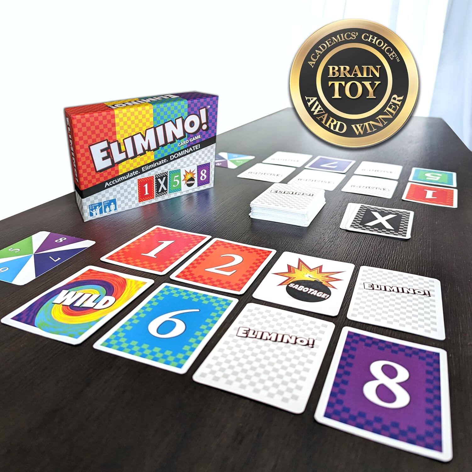 5 O ACADEMICS CHOICE BRAIN TOY ELIMINO! GAME AWARD WINNER SLININ CARD DOMINATEI Eliminate. 2 N 8 EE Accumulate. - 5 5 E.E 1 X RUINE Sonar U I X 8 1 2 SABOTAGE! EPMING WILD 6 ELIMINO! 8