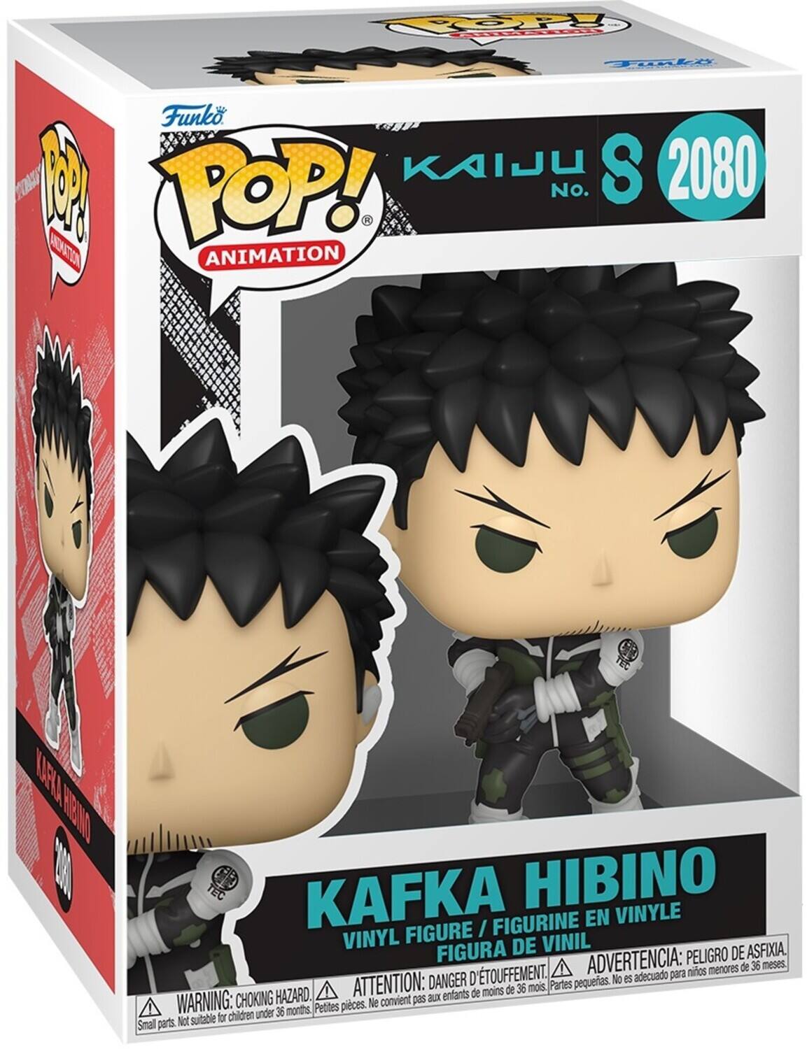 Sure, here is the corrected and grouped text from the image:

---

**Funko POP! Animation**

**KAIJU No. S 2080**

**KAFKA HIBINO**

**VINYL FIGURE / FIGURINE EN VINYLE / FIGURA DE VINIL**

**WARNING: CHOKING HAZARD. Small parts. Not suitable for children under 36 months.**

**ATTENTION: DANGER D'ÉTOUFFEMENT. Petites pièces. Ne convient pas aux enfants de moins de 36 mois.**

**ADVERTENCIA: PELIGRO DE ASFIXIA. Partes pequeñas. No es adecuado para niños menores de 36 meses.**

---

This text is organized to reflect the information on the packaging accurately.