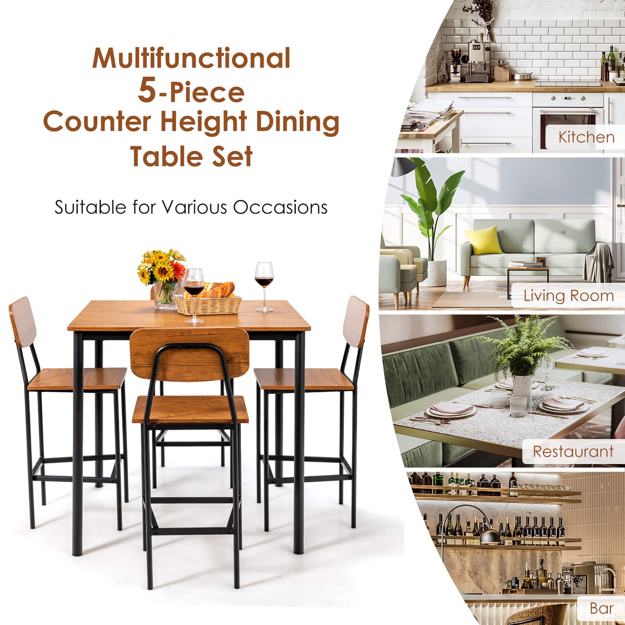 Multifunctional 5-Piece Counter Height Dining Table Set Suitable for Various Occasions Kitchen, Living Room, Restaurant, and Bar.