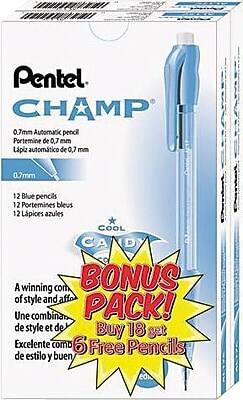 Pentel  
CHAMP  
0.7mm Automatic pencil  
Portemine de 0.7 mm  
Lápiz automático de 0.7 mm  

12 Blue pencils  
12 Portemines bleus  
12 Lápices azules  

COOL CANDY  

BONUS PACK!  
A winning combination of style and affordability  
Une combinaison de style et de bon rapport qualité-prix  
Excelente combinación de estilo y buen valor  

Buy 18 get 6 Free Pencils