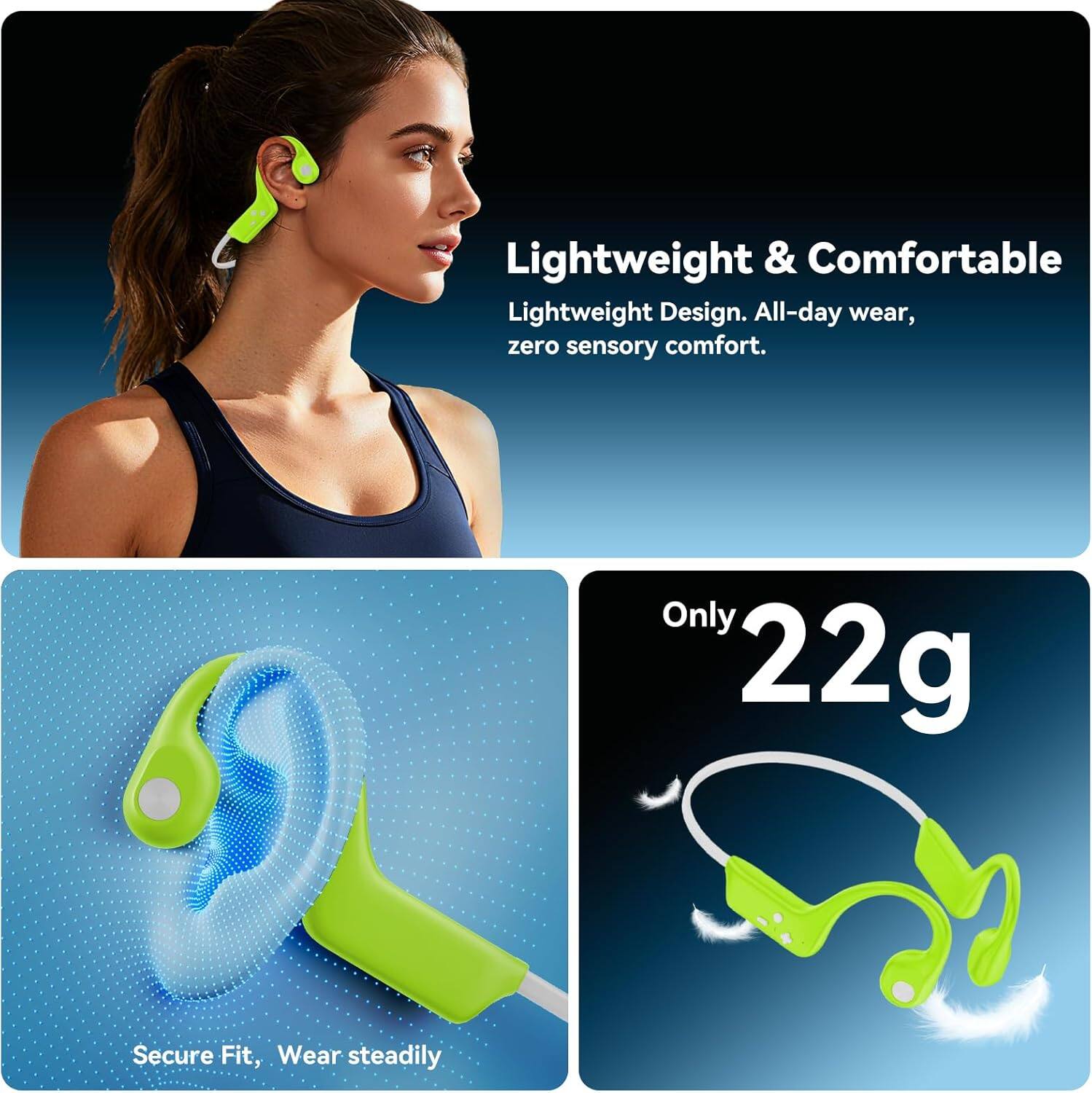 Lightweight & Comfortable  
Lightweight Design. All-day wear, zero sensory comfort.  

Only 22g  

Secure Fit, Wear steadily