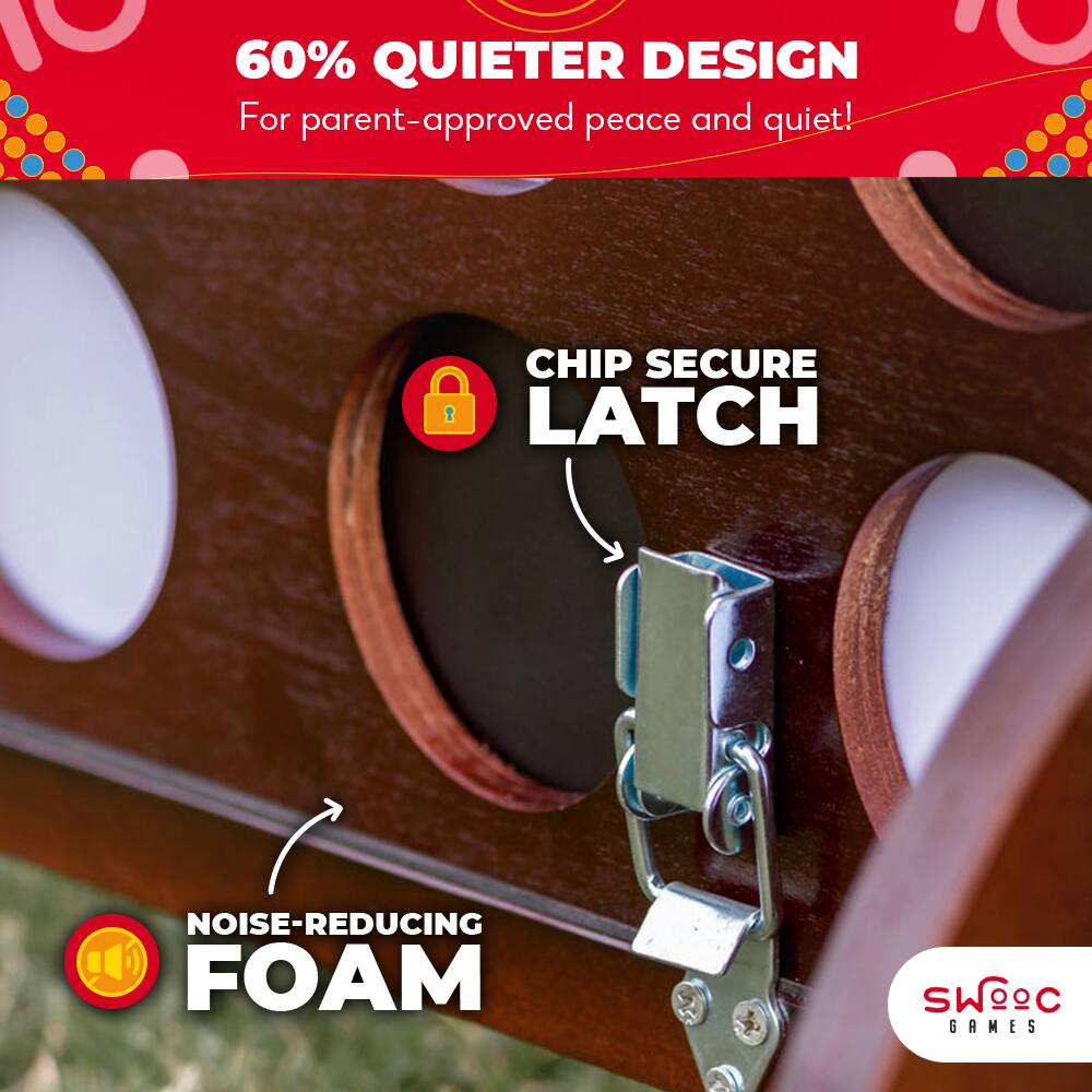 60% QUIETER DESIGN  
For parent-approved peace and quiet!

CHIP SECURE LATCH

NOISE-REDUCING FOAM

SWOEC GAMES