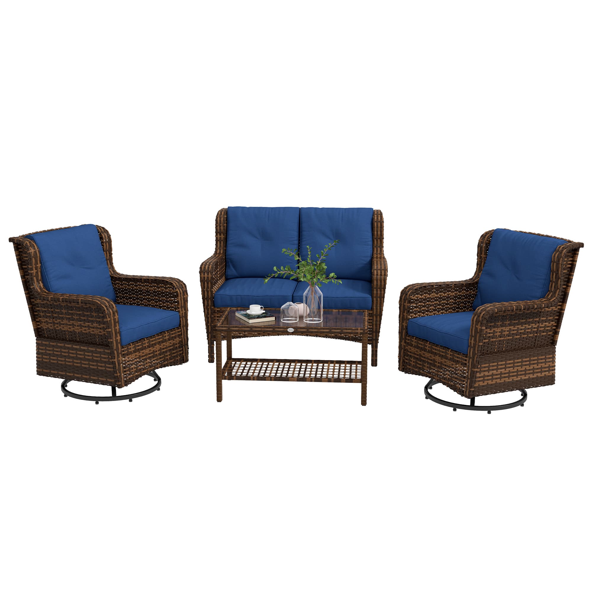 Outsunny - 4 Piece PE Rattan Outdoor Patio Furniture Set, Wicker Conversation Set with 2 Swivel Glider Chairs - Dark Blue