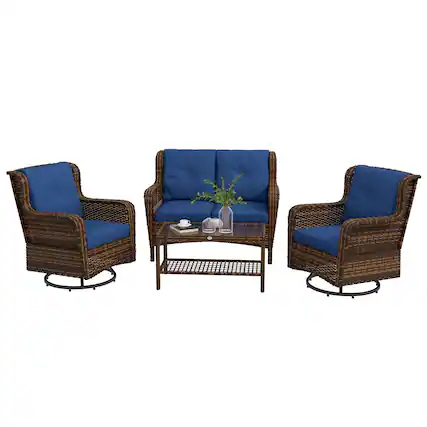 Front. Outsunny - 4 Piece PE Rattan Outdoor Patio Furniture Set, Wicker Conversation Set with 2 Swivel Glider Chairs - Dark Blue.