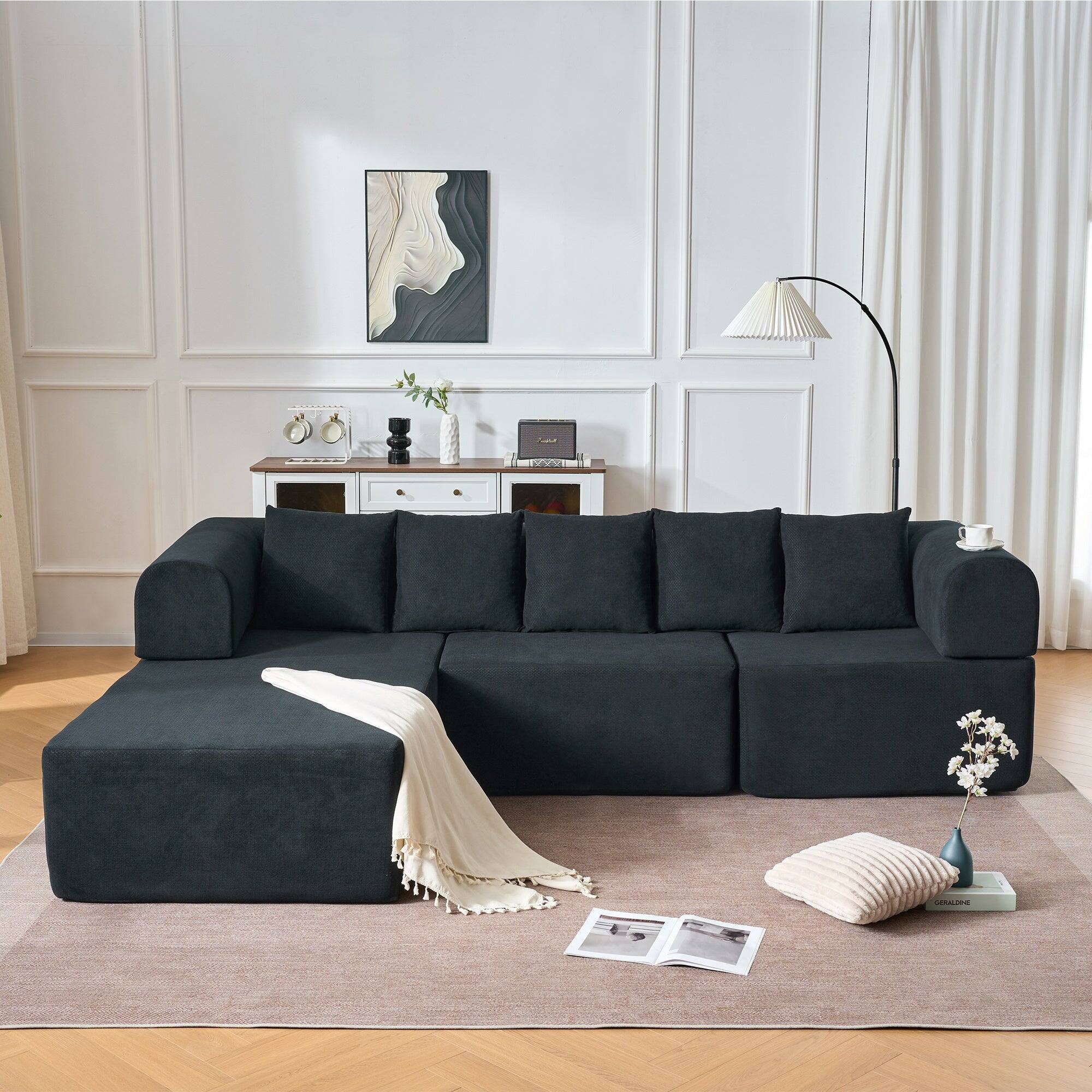 Alt View 1. Boyel Living - Compressed Modular Black Velvet Sofa No Assembly Required 4-Seat - Black.
