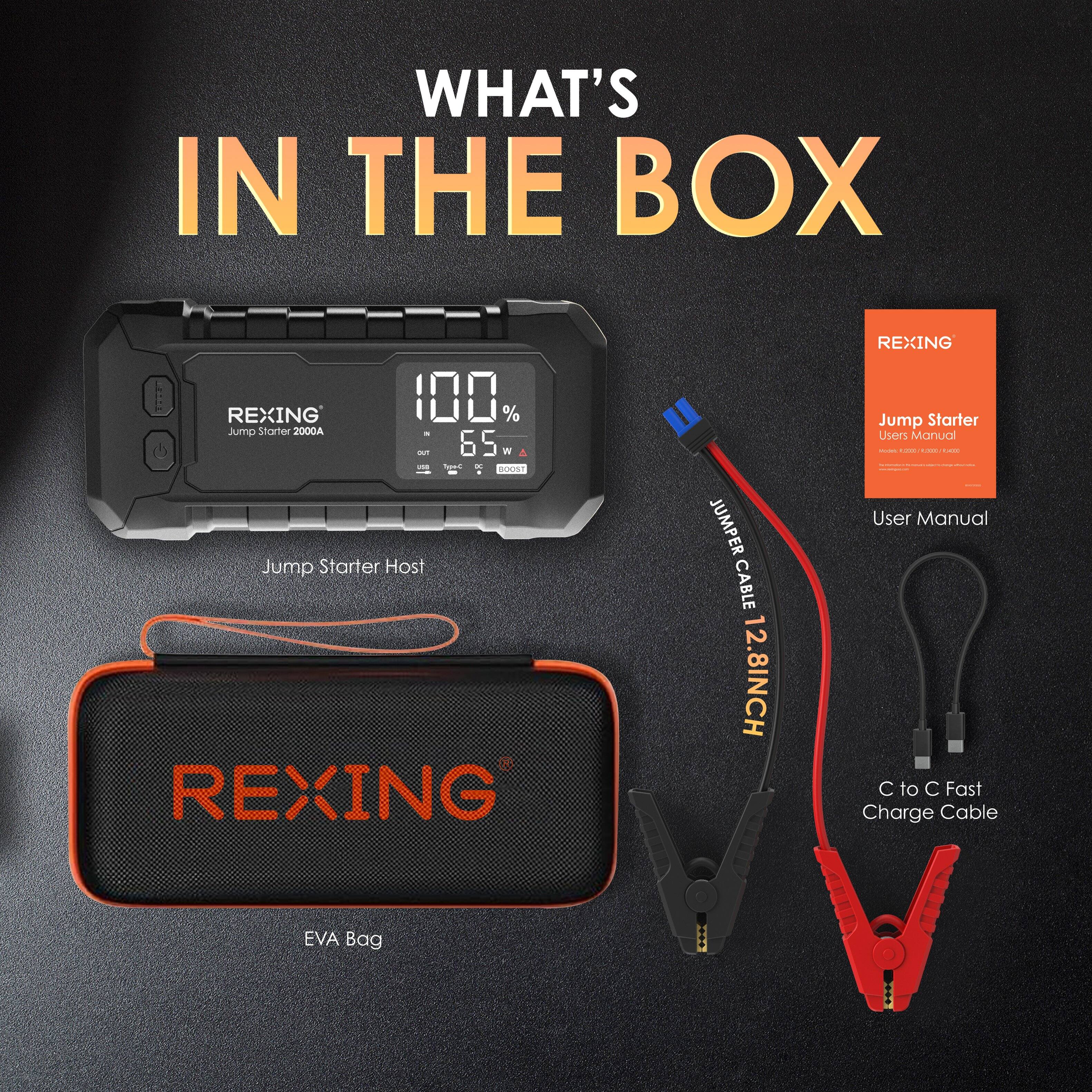 WHAT'S IN THE BOX

- REXING Jump Starter Host
- REXING EVA Bag
- REXING C to C Fast Charge Cable
- REXING Jump Starter Users Manual
- REXING Jumper Cable 12.8INCH