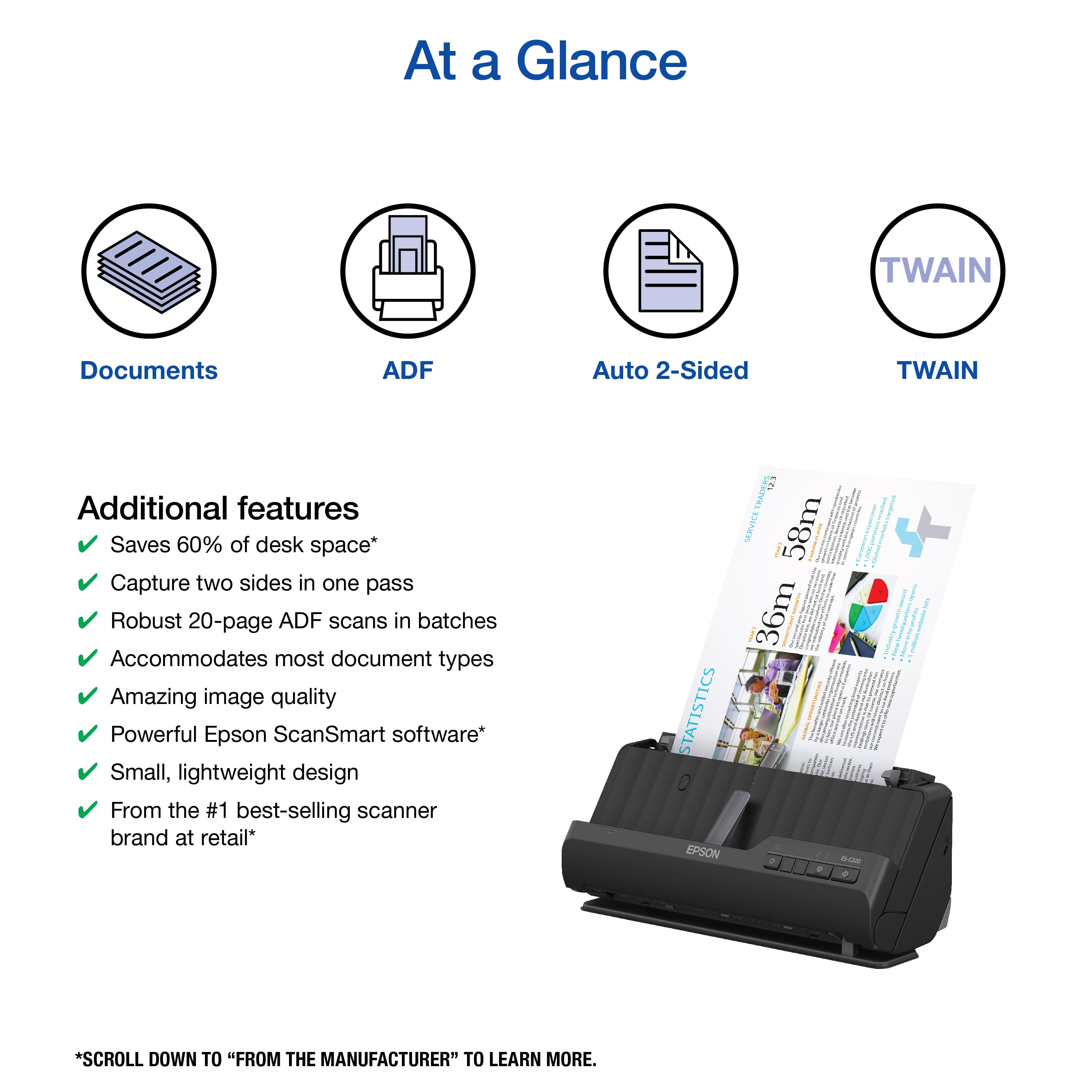 At a Glance TWAIN Documents ADF Auto 2-Sided TWAIN Additional features Saves 60% of desk space* Capture two sides in one pass Robust 20-page ADF scans in batches Accommodates most document types Amazing image quality Powerful Epson ScanSmart software* Small, lightweight design From the #1 best-selling scanner brand at retail* STATISTICS EPSON 1.3 SERVECE 58m 36m mali Hud *SCROLL DOWN TO "FROM THE MANUFACTURER" TO LEARN MORE.