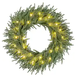 Gymax - 24'' Outdoor Artificial Pre-Lit Christmas Wreath w/108 Branch Tips & 35 White LED Lights - Green
