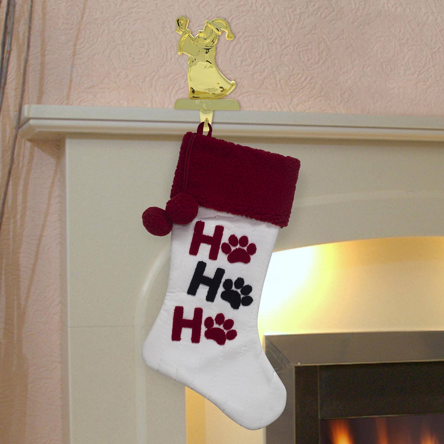 Angle. Dyno - Dyno Red/White Ho Ho Ho Paw Prints Christmas Stocking 20 in. (Case of 12) - Red|White.