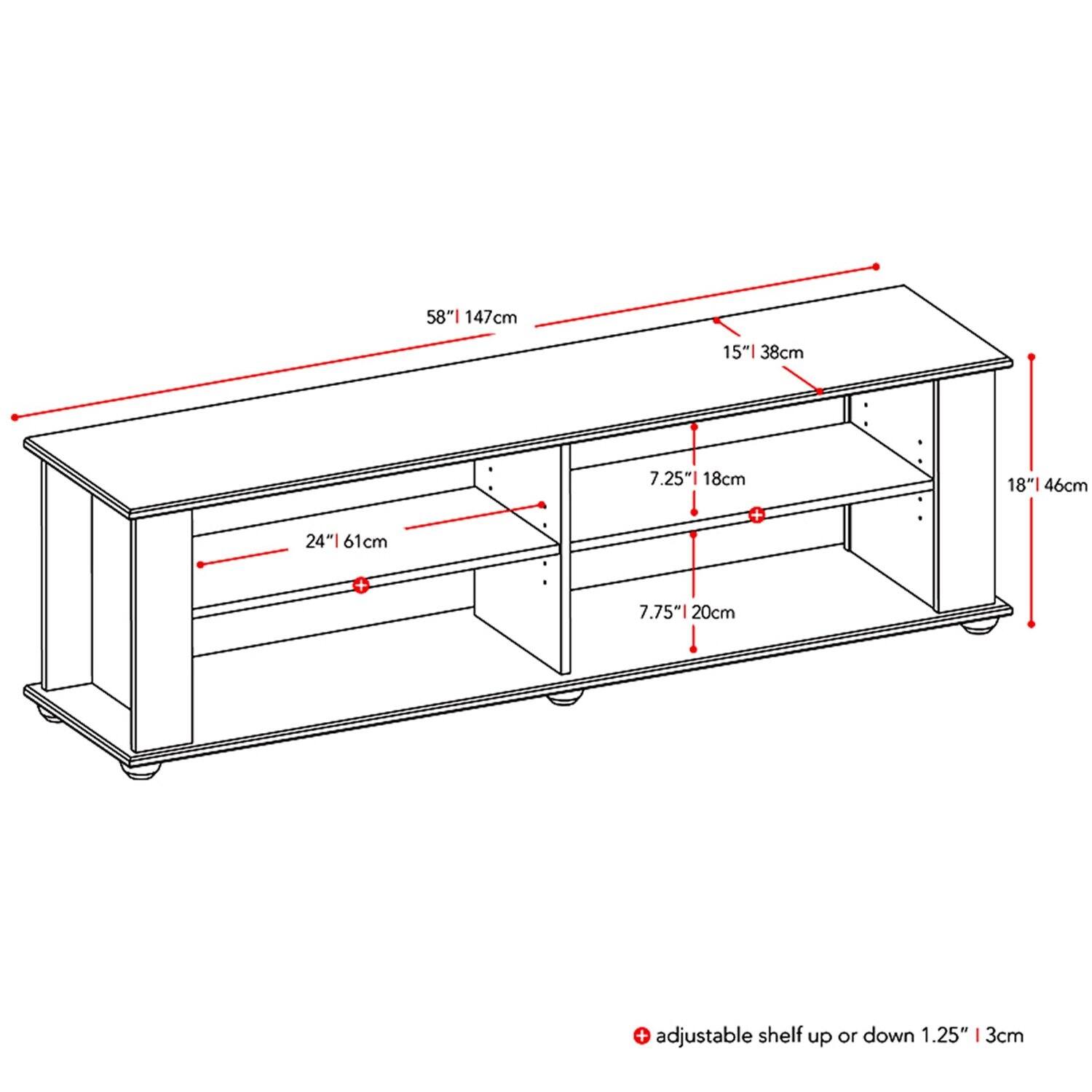 58" 147cm  
15" 38cm  
7.25" 18cm  
18" 46cm  
24" 61cm  
7.75" 20cm  
+ adjustable shelf up or down 1.25" 3cm
