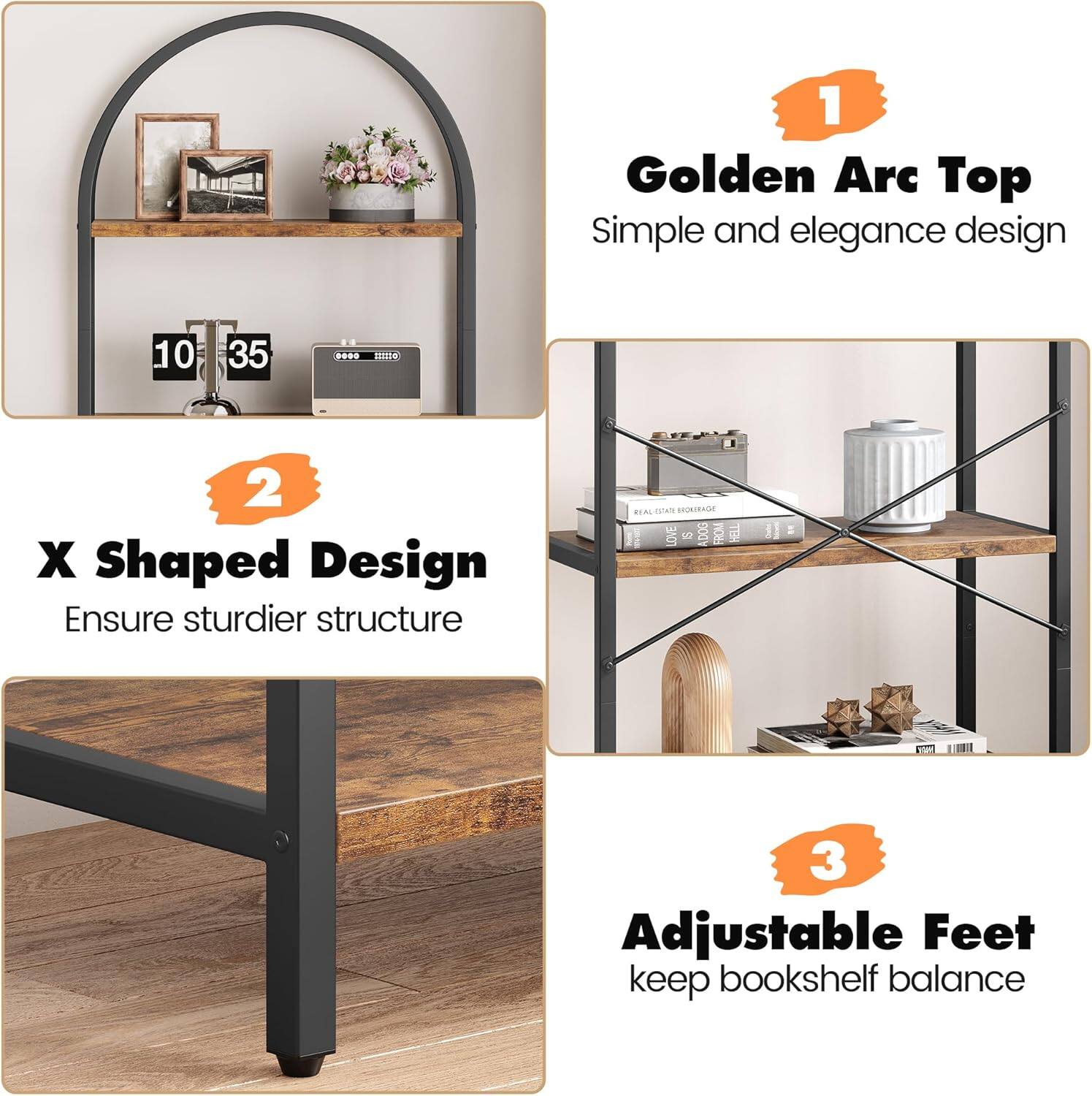 Babevy 5 Tier White Marble Arched Bookcase, Metal Frame, Warm Modern ...