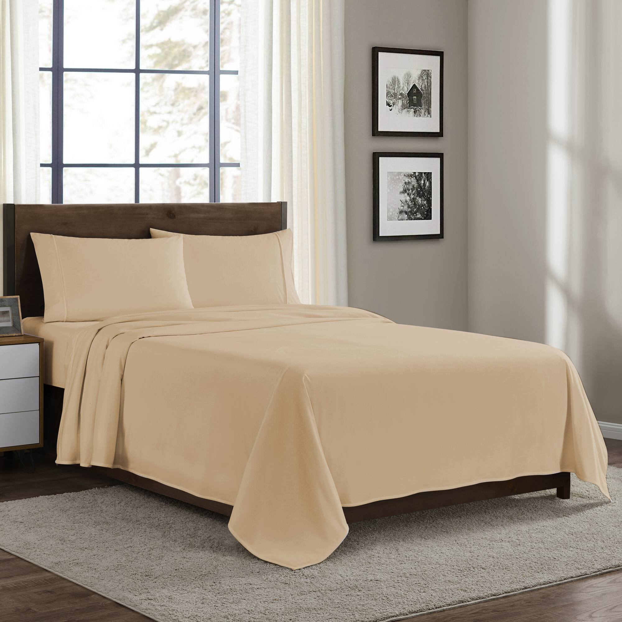 Angle. Sweet Home Collection - Solid Cotton Flannel Sheets Warm and Cozy Extra Deep Pockets, Queen - Beige.