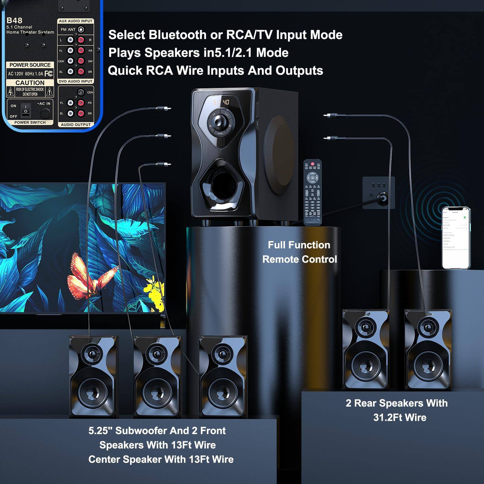 B48 5.1 Channel Home Theater System

- Select Bluetooth or RCA/TV Input Mode
- Plays Speakers in 5.1/2.1 Mode
- Quick RCA Wire Inputs And Outputs

- AC 120V 60Hz 10A
- AUX AUDIO INPUT
- FM ANT
- DVB AUDIO INPUT
- CAUTION
- POWER SWITCH
- AUDIO OUTPUT

- Full Function Remote Control

- 5.25" Subwoofer And 2 Front Speakers With 13Ft Wire
- Center Speaker With 13Ft Wire
- 2 Rear Speakers With 31.2Ft Wire