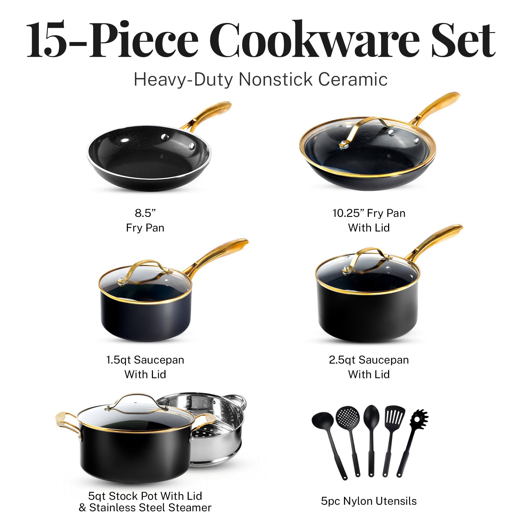 15-Piece Cookware Set Heavy-Duty Nonstick Ceramic
8.5" Fry Pan
10.25" Fry Pan With Lid
1.5qt Saucepan With Lid
2.5qt Saucepan With Lid
5qt Stock Pot With Lid & Stainless Steel Steamer
5pc Nylon Utensils