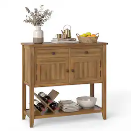 Costway - Mid-Century Console Table with 2 Drawers, 2 Cabinets & Bottom Shelf for Hallway - Brown