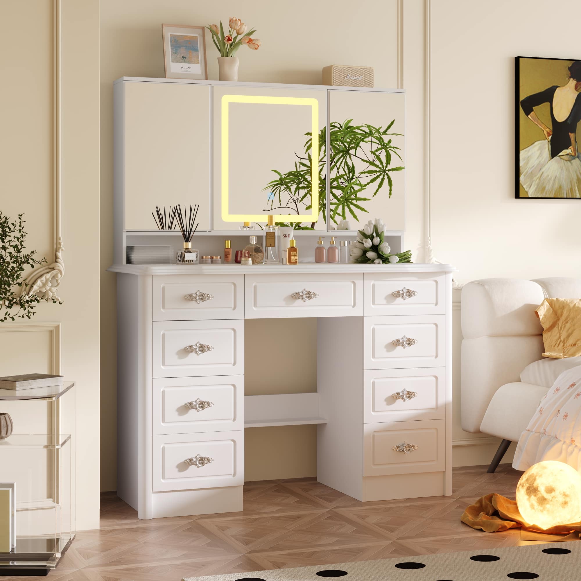 Famapy Vintage Vanity Table with 3 Sided LED Mirror Makeup