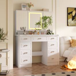 Famapy - Vintage Vanity Table with 3-Sided LED Mirror - Makeup Dressing Table 9-Drawer Organizer Hidden Storage - White