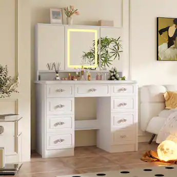 white dressing table with mirror and stool Led Lights Glass Top Dressing Table With Extendabl which is convenient for placing all kinds of cosmetics Vanity Dressing Table with Lighted