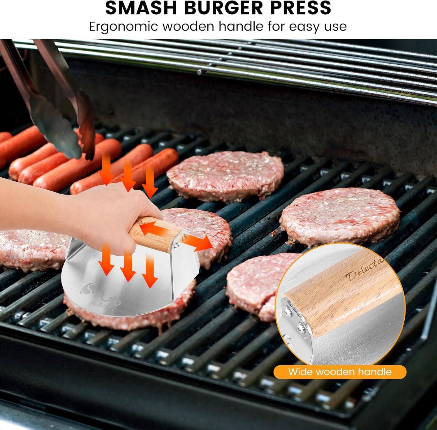 SMASH BURGER PRESS  
Ergonomic wooden handle for easy use  

Wide wooden handle