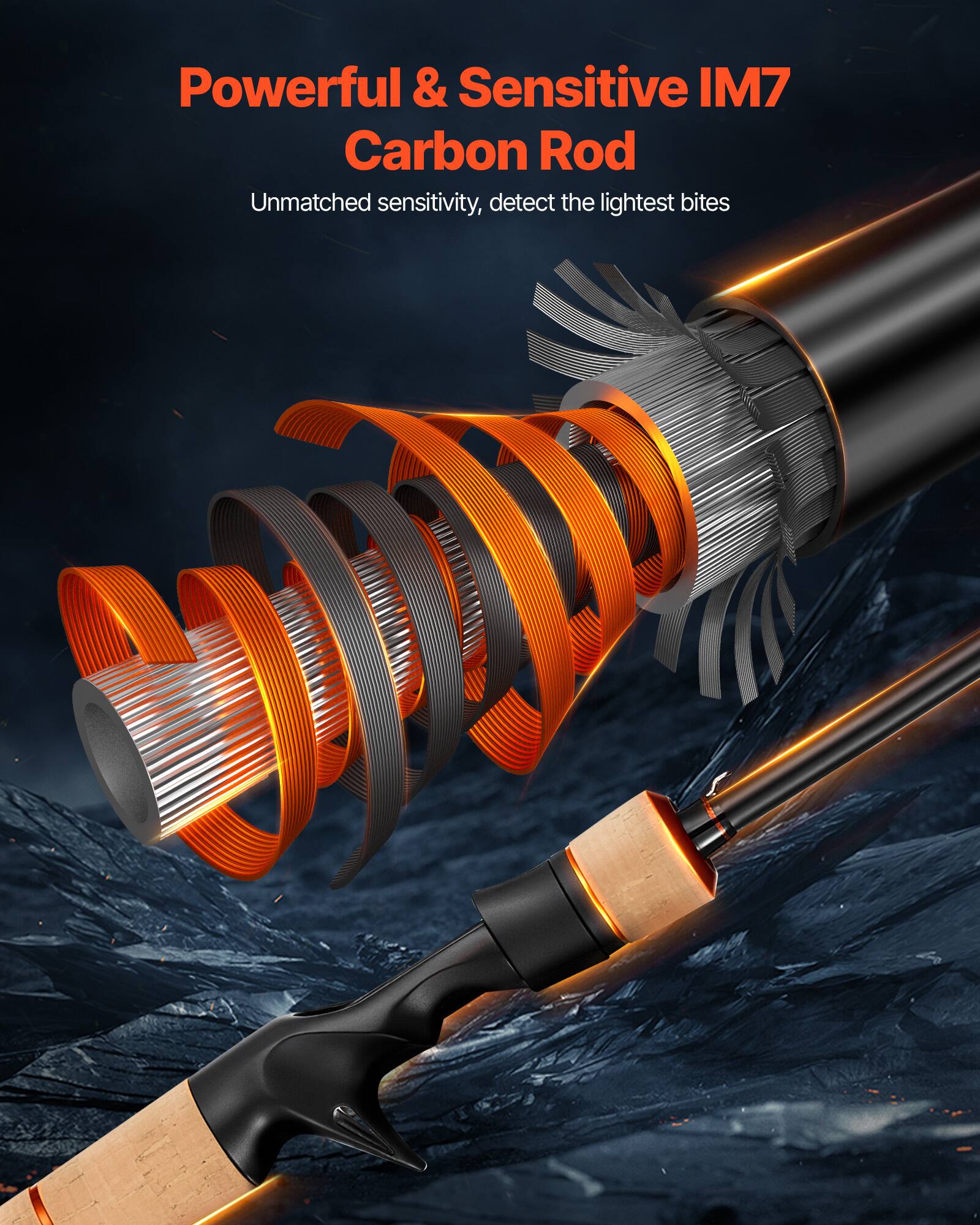 Powerful & Sensitive IM7 Carbon Rod  
Unmatched sensitivity, detect the lightest bites