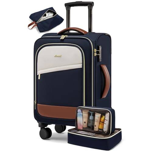 Front. DORLUKFU - 4 Pcs Carry On Luggage 22x14x9 Airline Approved, 20 Inch Carry On Suitcases with Wheels, Softside Rolling Suitcase for - Dark Blue-beige-brown.