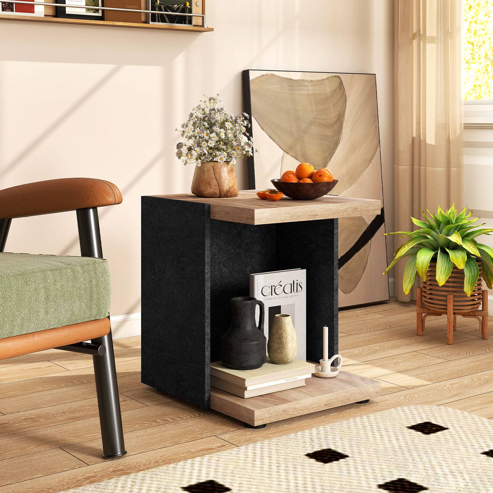 Alt View 1. Costway - Costway 2-Tier Sofa Side Table with Open Storage Shelf Compact Nightstand for Living Room - Oak.