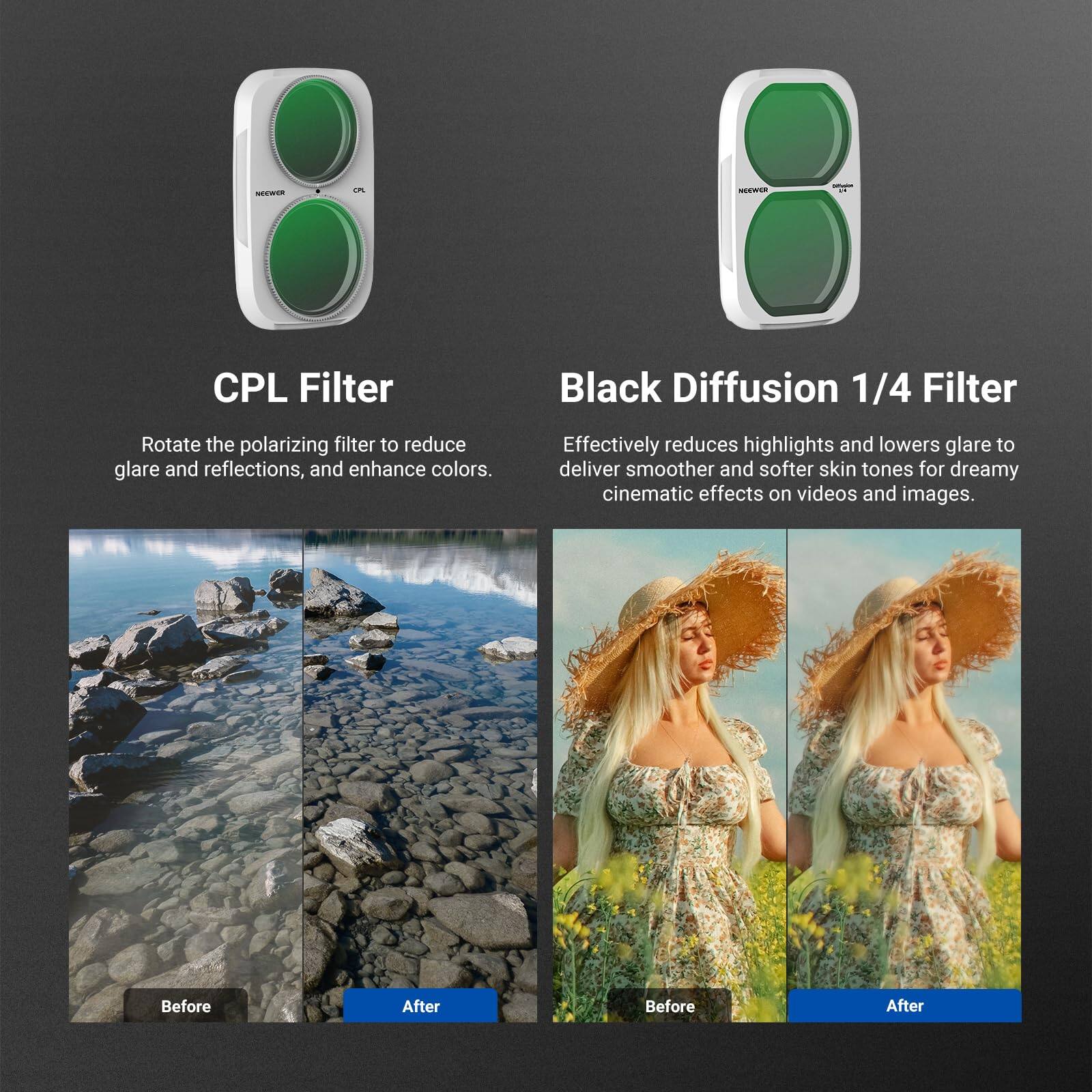 NEEWER

CPL Filter
Black Diffusion 1/4 Filter

Rotate the polarizing filter to reduce glare and reflections, and enhance colors.
Effectively reduces highlights and lowers glare to deliver smoother and softer skin tones for dreamy cinematic effects on videos and images.

Before
After
Before
After