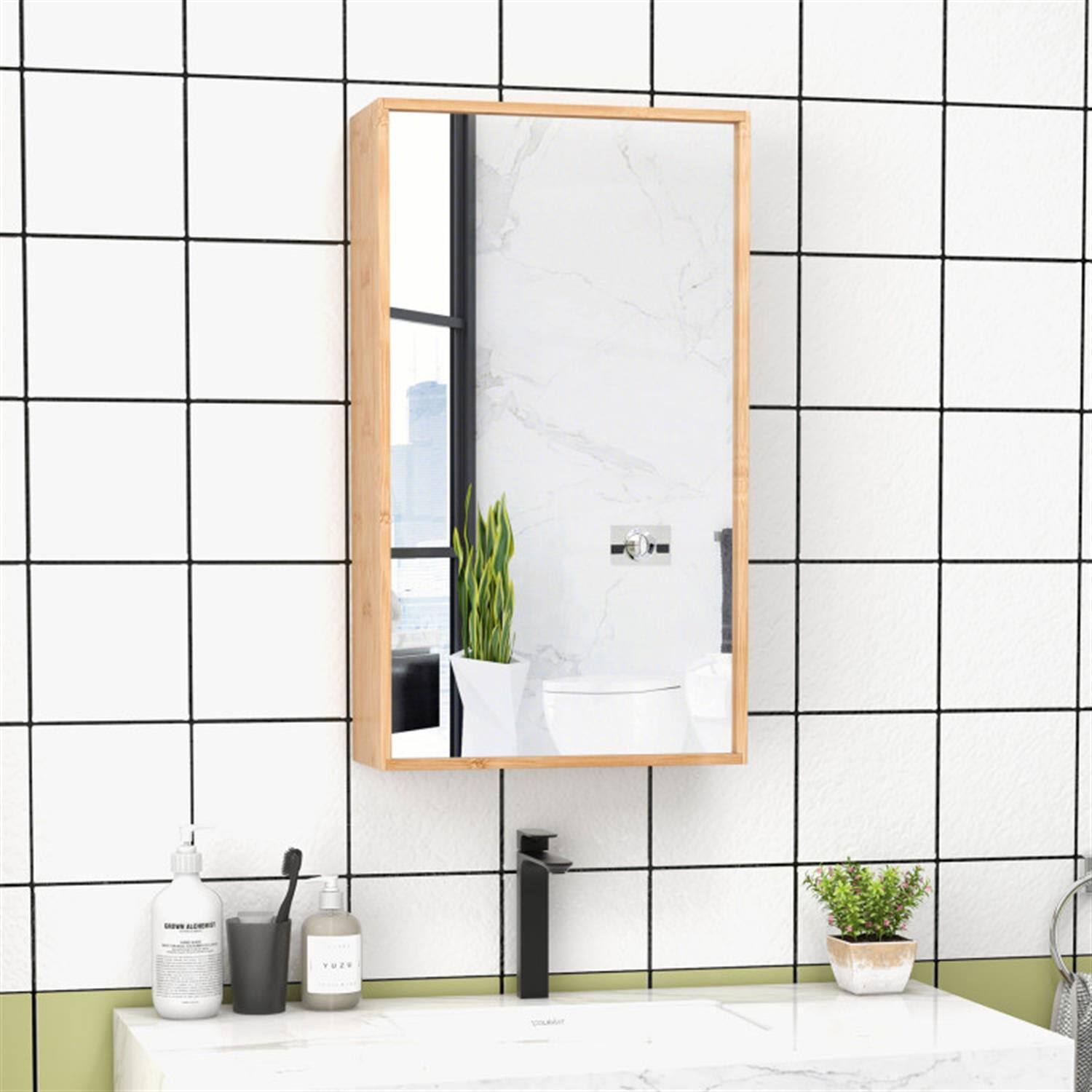 Back. Pefilos - Bamboo Bathroom Medicine Cabinet with Mirror, Wall Mounted Single Mirror Door Storage Cabinet with 2 Adjustable Shelf - Beige.