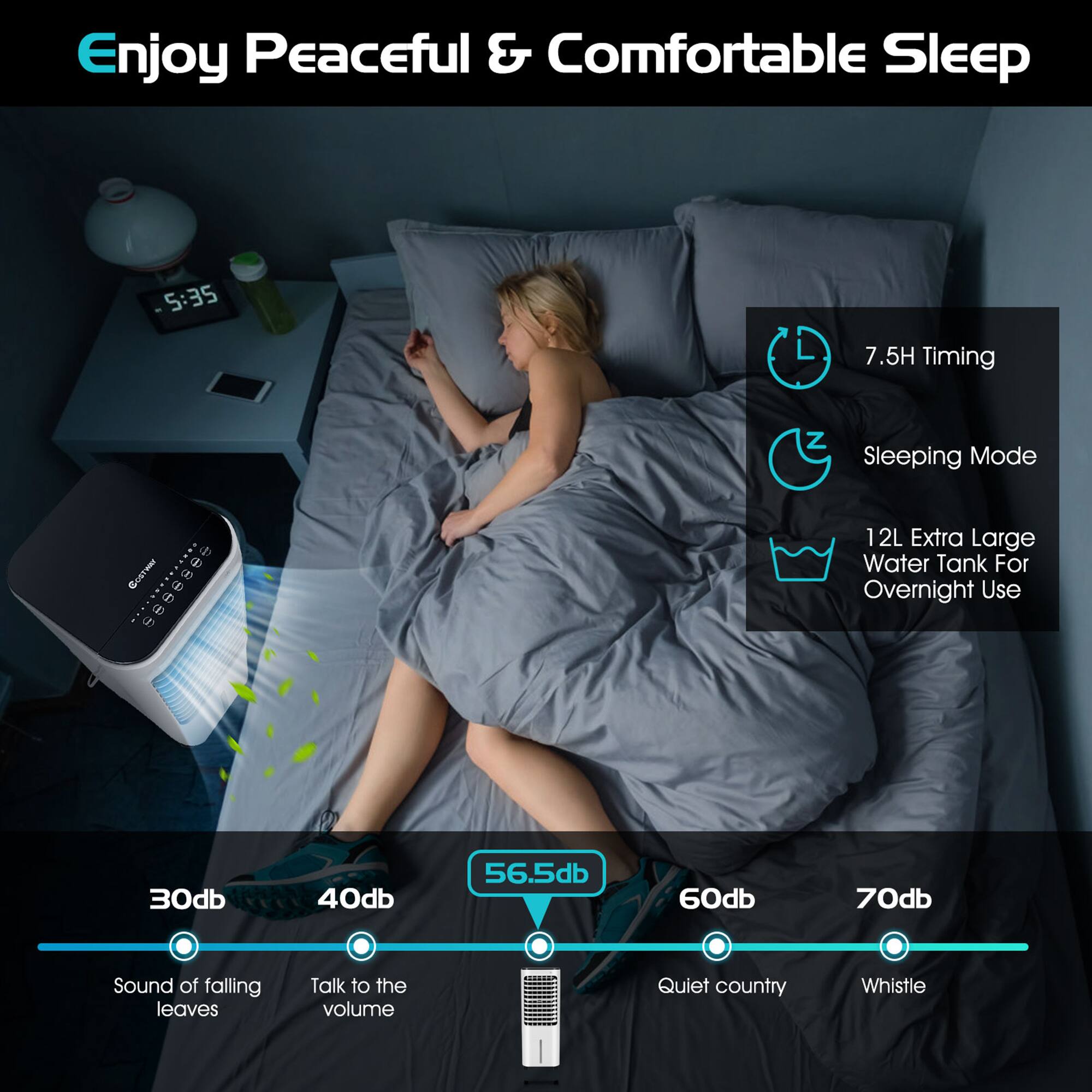 Enjoy Peaceful & Comfortable Sleep

- 7.5H Timing
- Sleeping Mode
- 12L Extra Large Water Tank For Overnight Use

30db: Sound of falling leaves  
40db: Talk to the volume  
56.5db: Quiet country  
60db:  
70db: Whistle