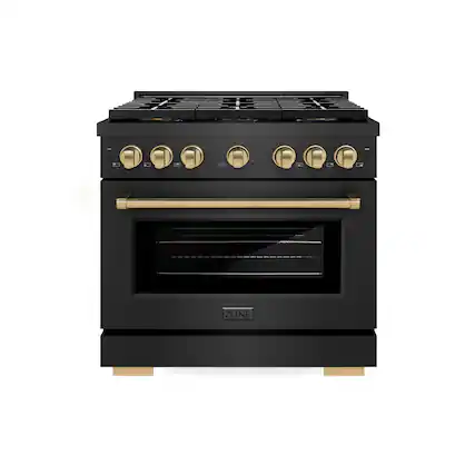 Front. ZLINE - 36 in. Wide 6 Burner Autograph 5.2 cu. ft. Manual Clean Freestanding DuoPro Gas Range with Bronze Accents - Black Satin Stainless Steel.