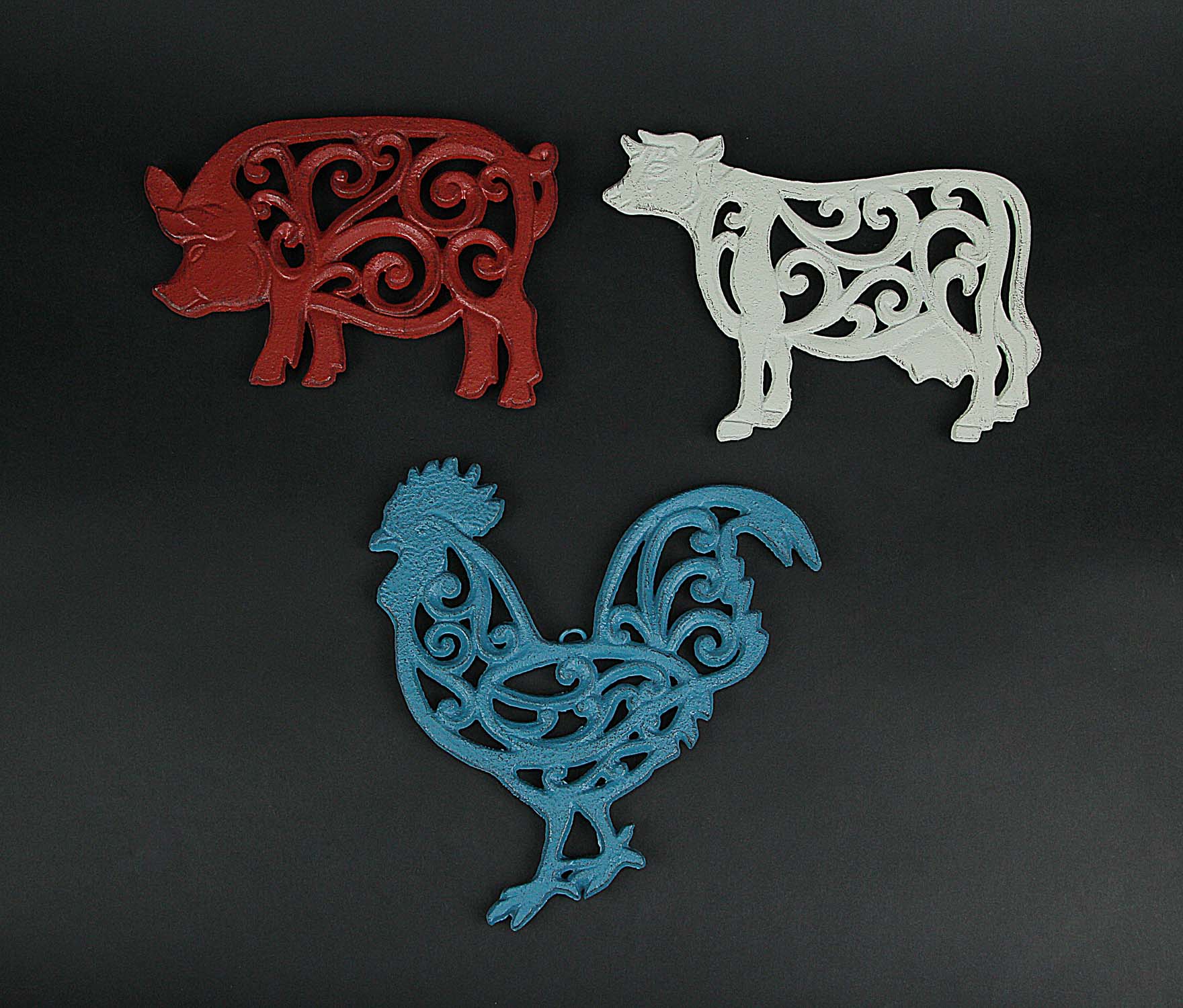 Alt View 5. Zeckos - Set of 3 Cast Iron Farm Animal Kitchen Trivets Wall Art Decor Rooster Cow Pig - Multicolored.