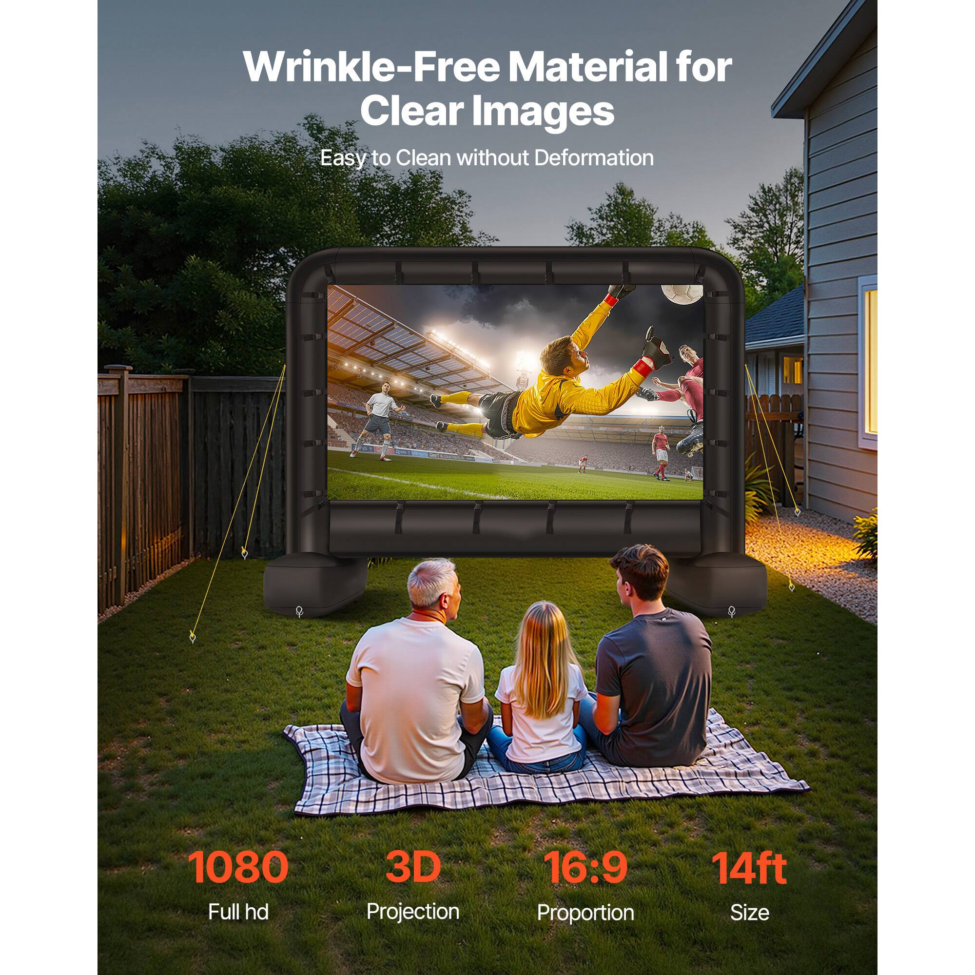 Wrinkle-Free Material for Clear Images, Easy to Clean without Deformation, 1080 Full hd, 3D Projection, 16:9 Proportion, 14ft Size