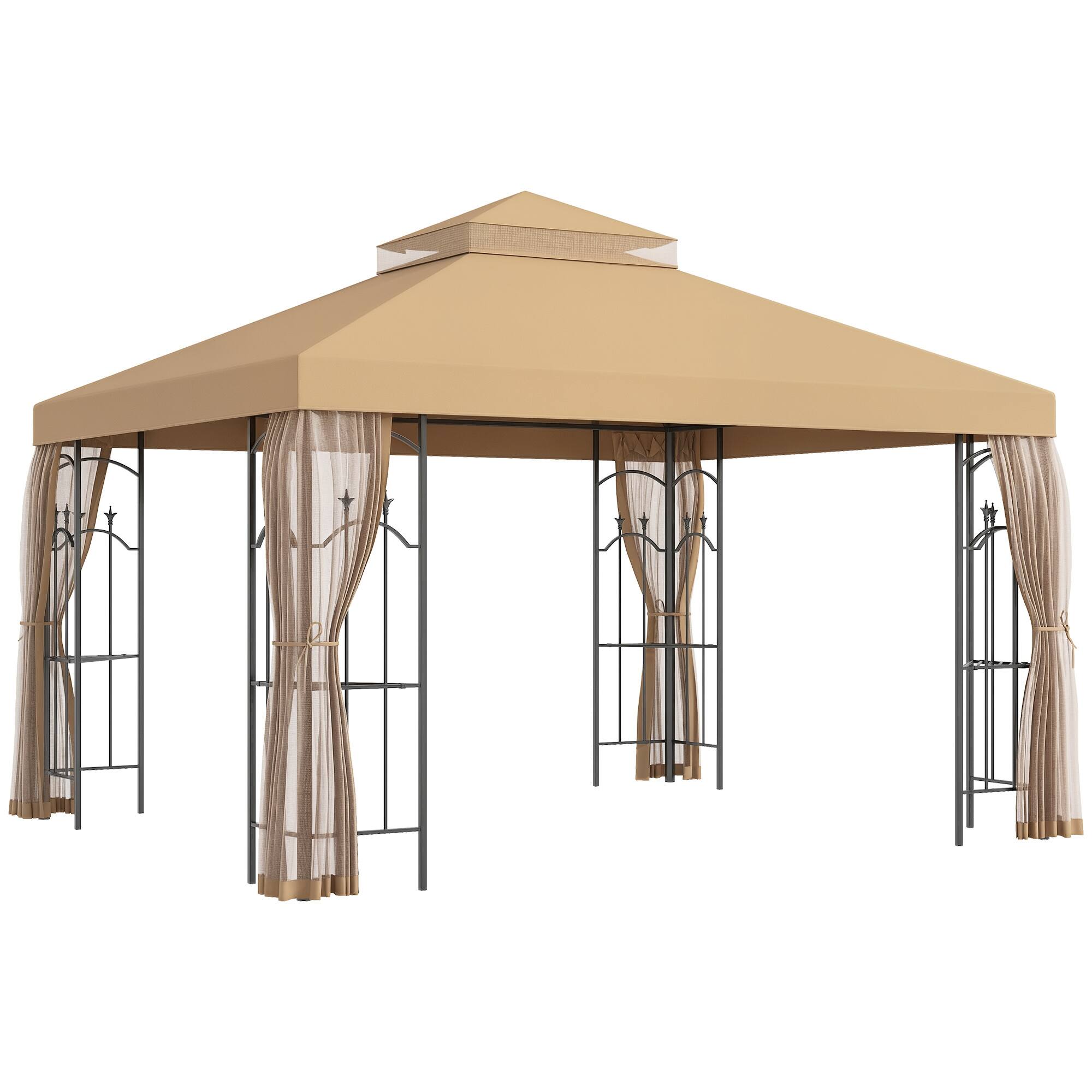 Front. Outsunny - x 12' Patio Gazebo with Corner Frame Shelves - Brown.