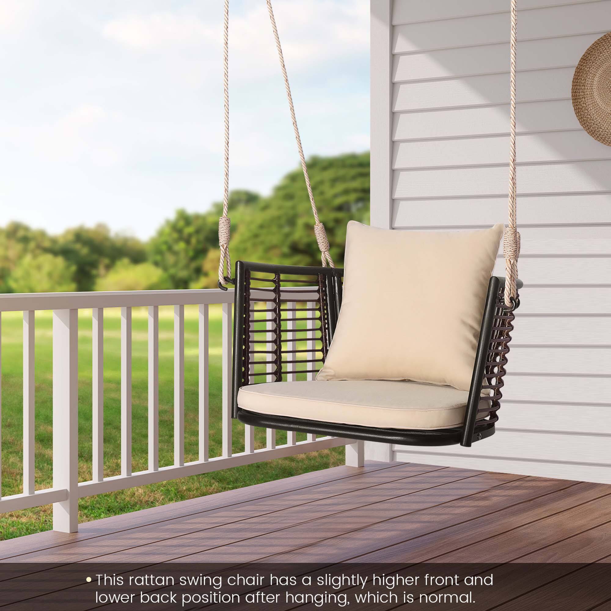 This rattan swing chair has a slightly higher front and lower back position after hanging, which is normal.